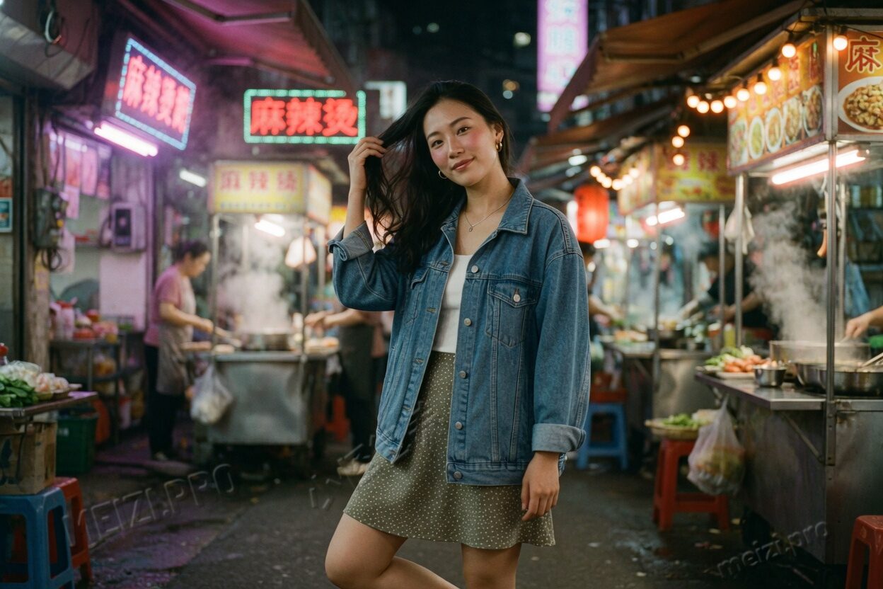 夜市巷口,女生抬手拨开发丝看向镜头