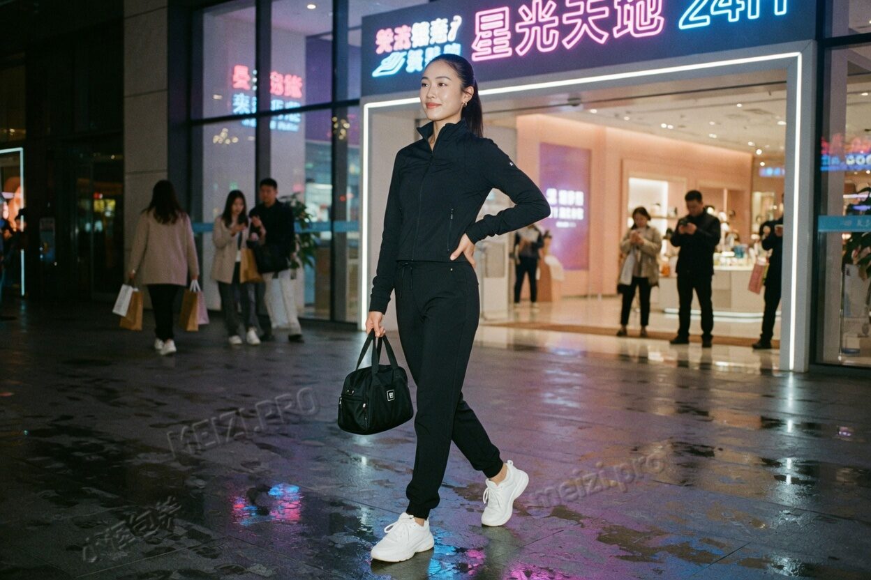 夜商场门口,女生一手插腰迈步,手提健身包