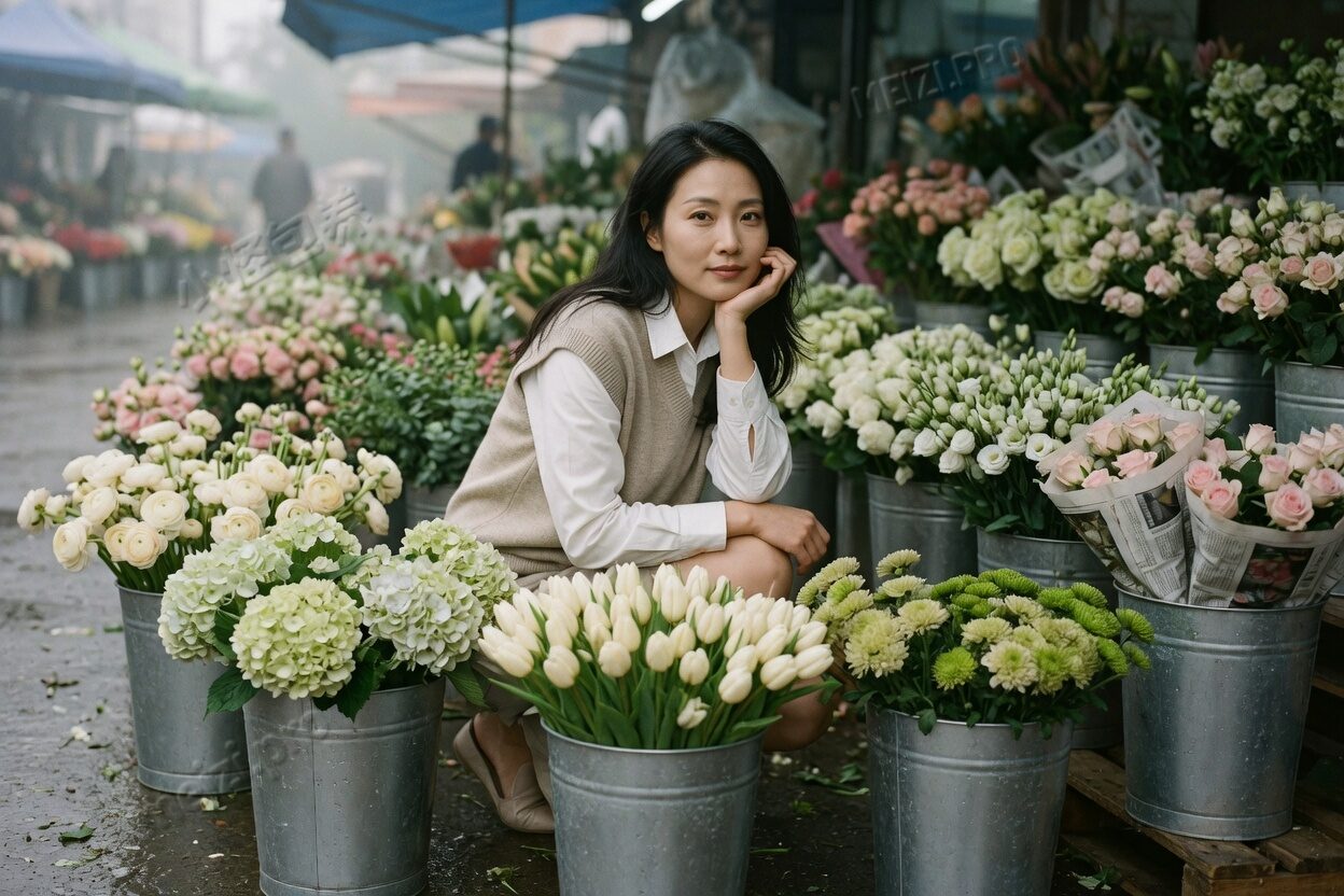 清晨的花市,她自己蹲在桶边