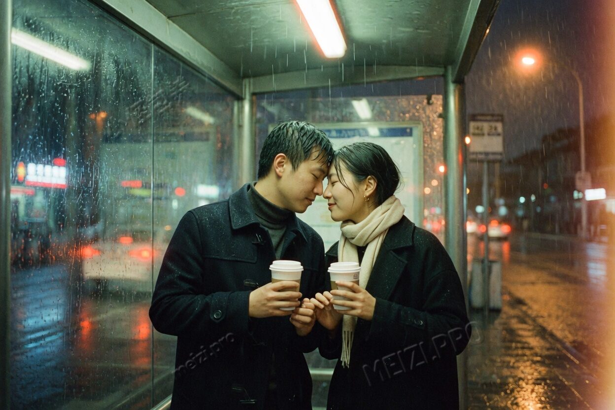 雨夜里,两人在车站额头相抵