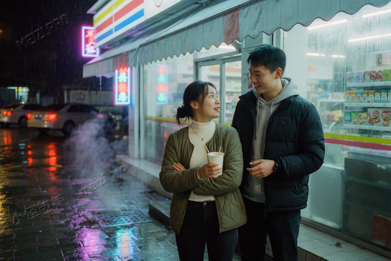 雨夜的便利店门口,她抱着杯子回头,他的手停在半空
