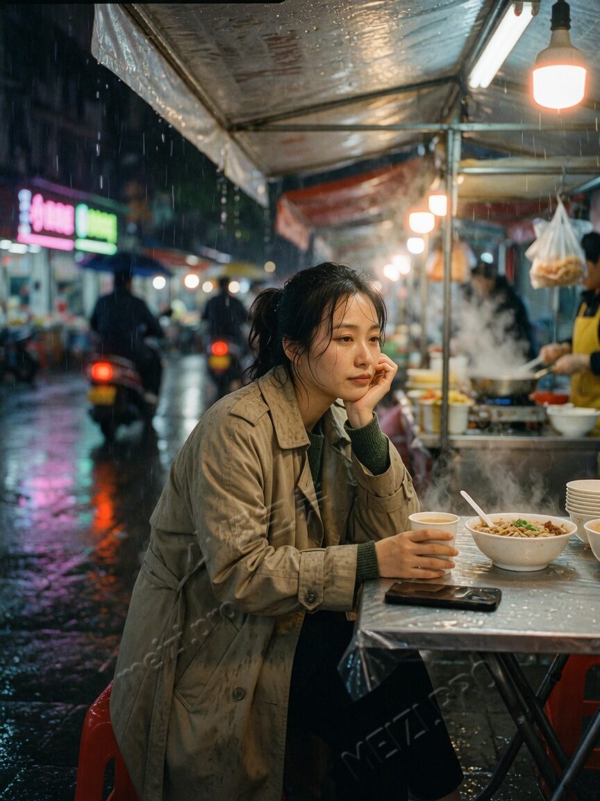 雨夜面摊,她托着腮坐在蒸汽旁边,手机扣在桌上