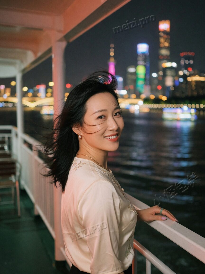 轮渡甲板上，她回头看向镜头