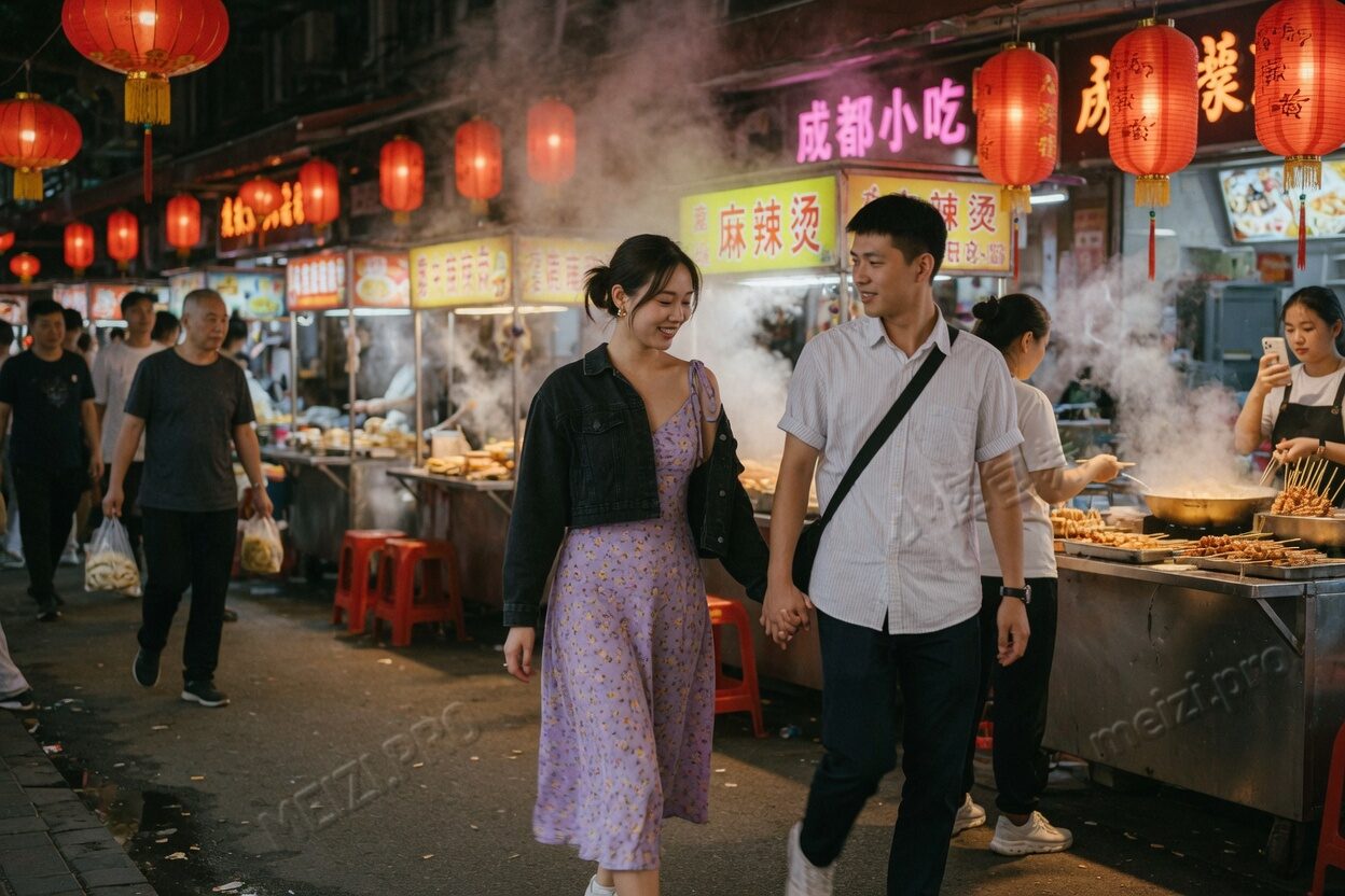 成都夜市，两人牵手从灯笼下走过