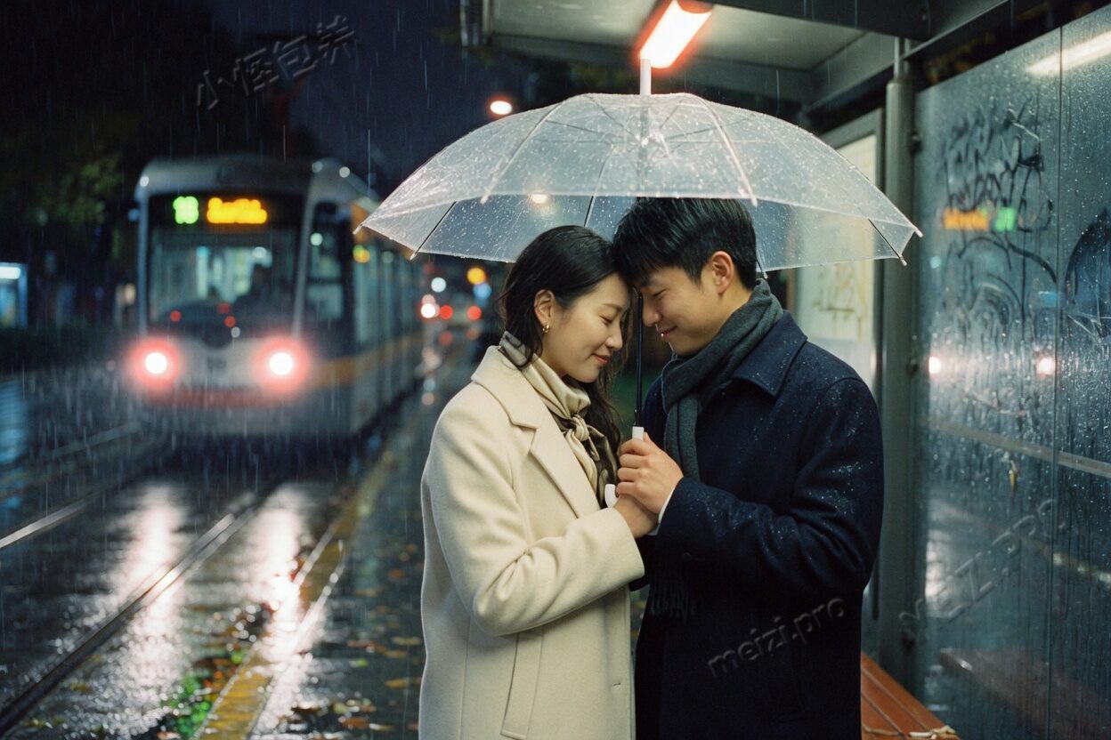 雨夜里的电车站,额头相抵