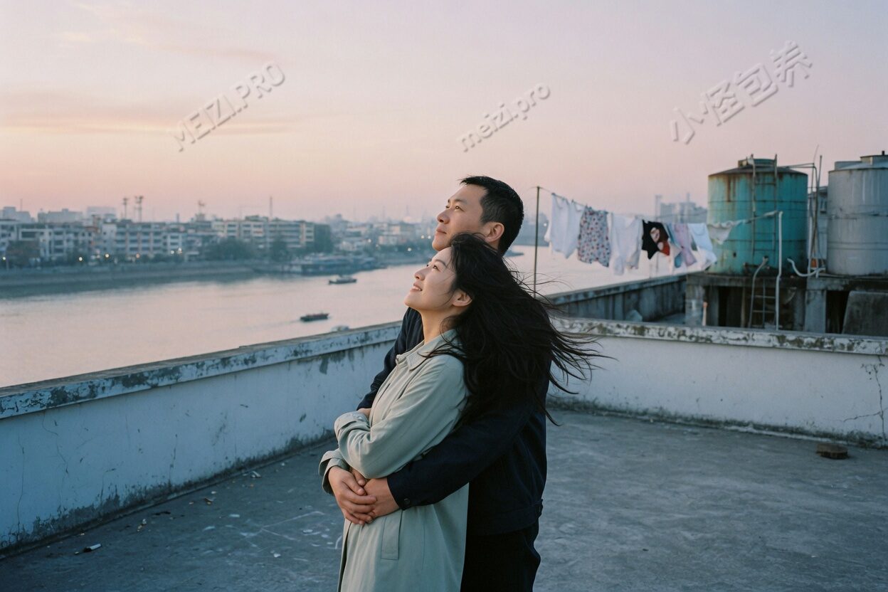 江边天台清晨,他从背后抱住她