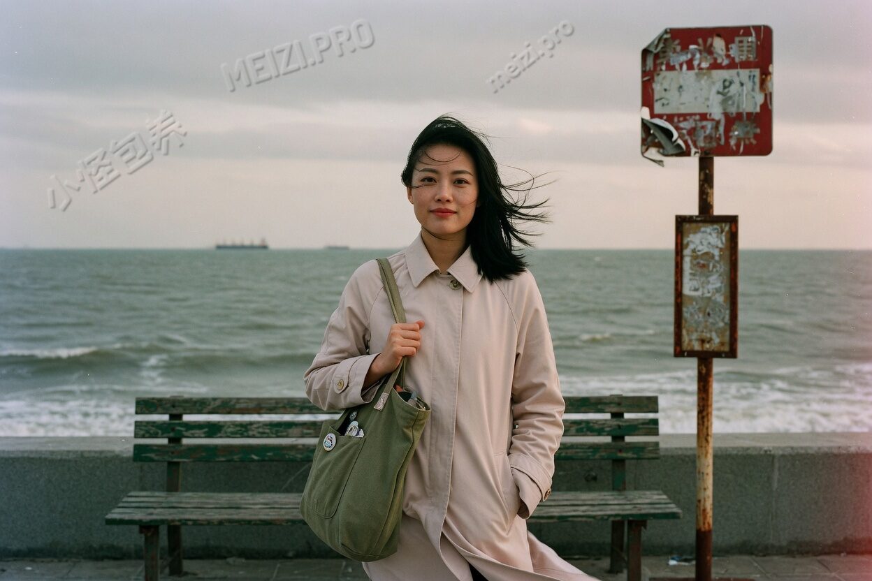 海边公交站,她掠着风看向镜头